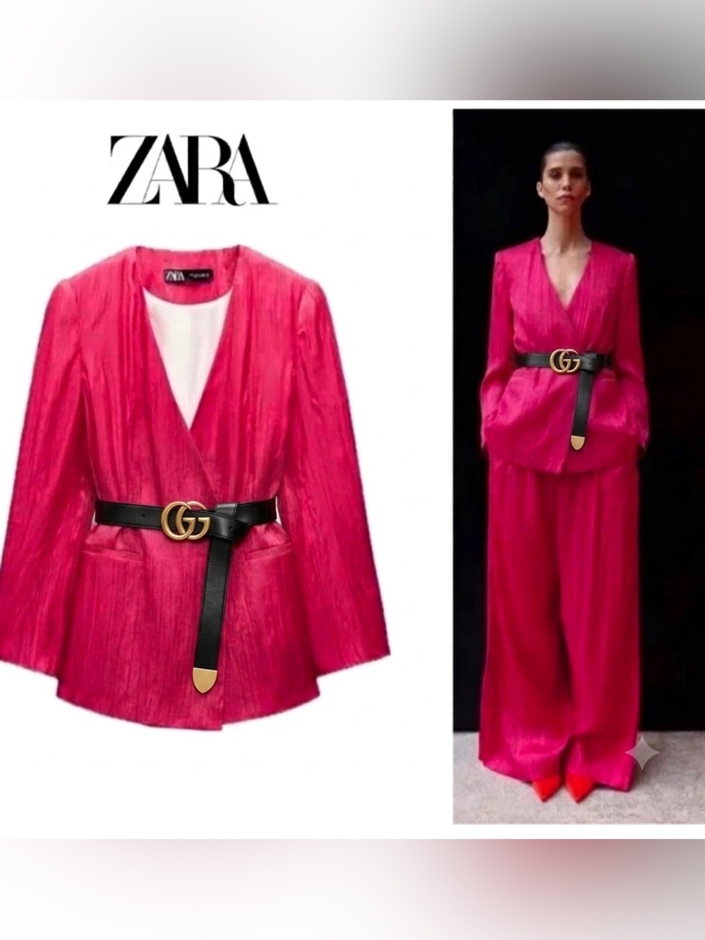 Zara Fuchsia Red Crinkled Effect Blazer Large